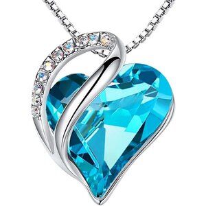 Infinity Love Birthstone Heart Pendant Aquamarine Blue Necklace Women Mom Silver